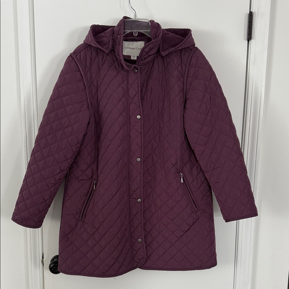 Coldwater Creek Plum Quilted Car Coat Removable Hood Petite large